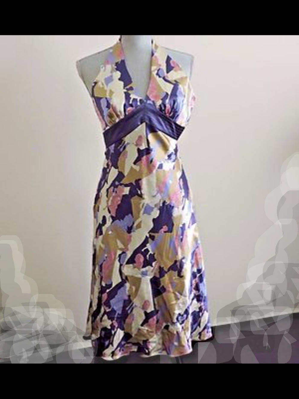 Laundry by Shelli Segal halter Silk Summer dress purple abstract floral pattern
